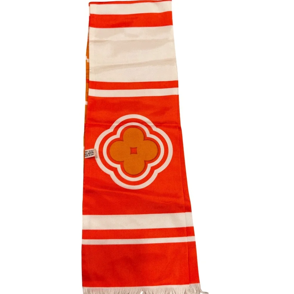 Vintage Japanese Obi Orange‎ Stripe Acetate Scarf with Floral Medallion 70x5.5